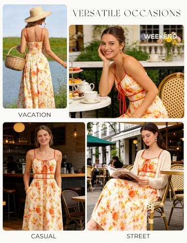 GRACE KARIN 2026 Women's Summer Maxi Floral Dress, Spaghetti Strap Tie Front Boho Sundress with Pockets, Yellow 2XL - Thumbnail 4