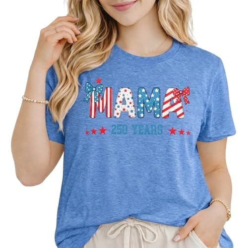 Womens 4th of July Shirts Mama 250 Years American Flag Tees Patriotic Tops Summer Casual Short Sleeve - Image 1