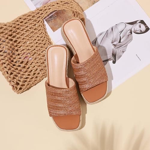EQAUDES Wedge Sandals for Women Brown Platform Espadrilles Boho Wedges Slides - Summer, Raffia Straw, Flatform, Open Toe, Slip on,Beach, Comfortable - Thumbnail 3