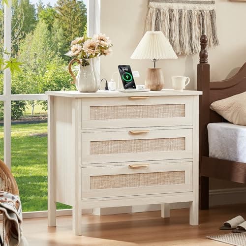 LEYAOYAO 31.5" Wide Rattan Night Stand with Charger Station, Large Boho 3 Drawer Nightstand, Grey White Bedside Table with Storage, 30" Tall Bed Side End Tables for Bedroom, Living Room, Hallway - Image 1