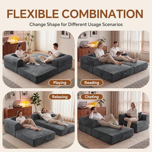 ceamorfco 74.8" Boneless Couch for Living Room, Modular Sectional Sofa Bed with High Back Support & Wide Armrests, Comfy Corduroy Floor Sofa with 2 Pillows, Gray Loveseat Sleeper for Small Spaces - Thumbnail 5