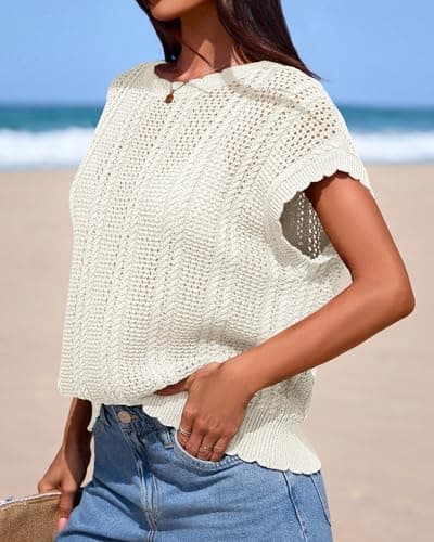 KIRUNDO Crochet Tops for Women Cap Short Sleeve Sweater Vest 2026 Summer Fall Cable Knit Pullover Beach Vacation Outfits(Beige, X-Large) - Thumbnail 6