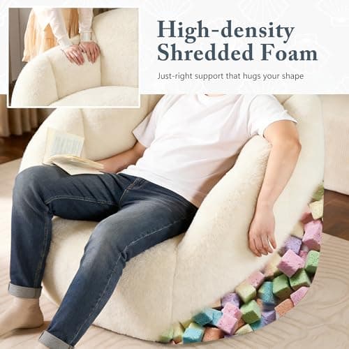 Oversized Bean Bag Chair with Footstool for Adults and Kids, Giant Fuzzy Accent Reading Chair with Ottoman Pouf, Lounge Chair Chaise Indoor, Faux Fur Round Large Floor Sofa Couch for Game, Nap, Beige - Thumbnail 4