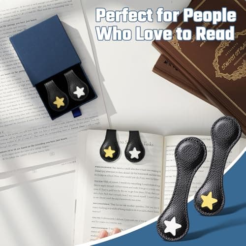 2Pcs Magnetic Leather Bookmarks with Gift Box, Magnetic Pen Holder Book Marks Clip Gift for Book Lover Readers Men Women Teachers Students, Star (Black+Black) - Thumbnail 3
