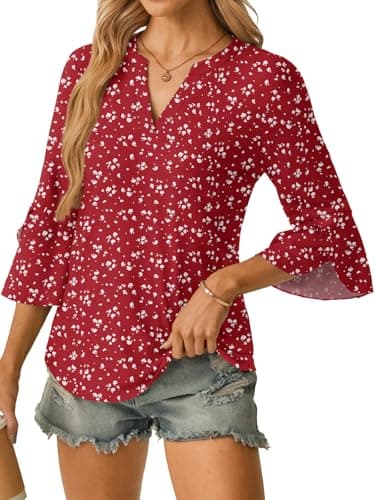 GKBK Women's Blouses Ruffle 3/4 Sleeve Dressy Top V Neck Casual Tunic Blouses Business Shirts Red M - Thumbnail 5