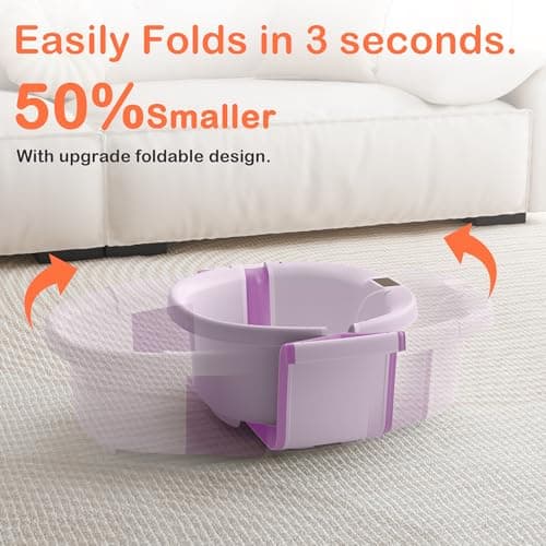 Collapsible Baby Bathtub - Large Baby Bath Tub with Thermometer & Cushion | Travel Portable Newborn Infant Bathtub | Foldable Toddler Bathtub for Baby 0 to 36 Months (Purple) - Thumbnail 5