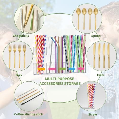 Straw Holder for Cabinet Door - 9.5'' Acrylic Straw Organizer with Adhesive Tape & Stickers, Transparent Straws Storage Container for Cabinet, Straws Dispenser for Counter Cupboard Home Kitchen Cafe - Thumbnail 5