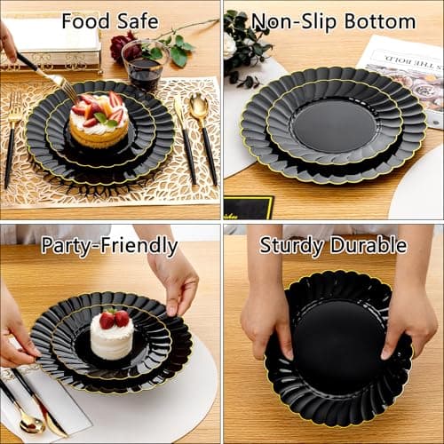 Ciaell 175 PCS Black Scalloped Plastic Plates with Gold Trim - Black Plastic Silverware with Handle - Fancy High-End Dinnerware Sets for Wedding & Party - Thumbnail 5