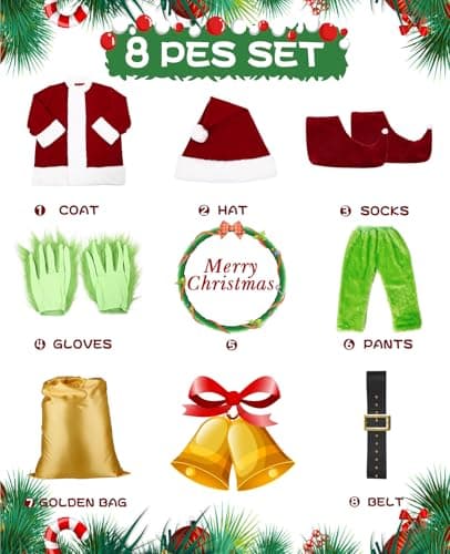 PrettyQueen Christmas Halloween Green Santa Claus Costume Funny Santa Suit for Men Adult Cosplay Costume Xmas Outfit (X-Large) - Thumbnail 6