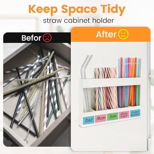 Seaflash Acrylic Straw Holder, Straw Organizer Dispenser with Two Pieces Rubber Magnet Sheets, Drinking Straw Storage Holder for Cabinet Door Fridge Counter Kitchen Office(White) - Thumbnail 2