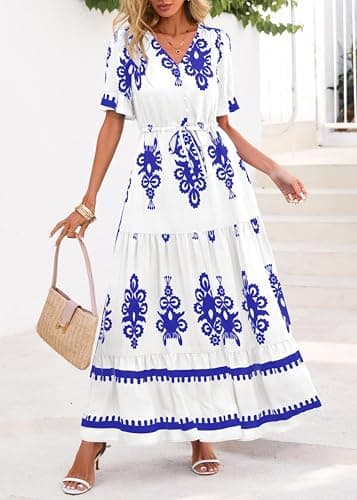 Lazysmile Summer Dresses for Women Short Sleeve V Neck Floral Drawstring Flowy A Line Boho Maxi Dress with Pockets White - Thumbnail 4