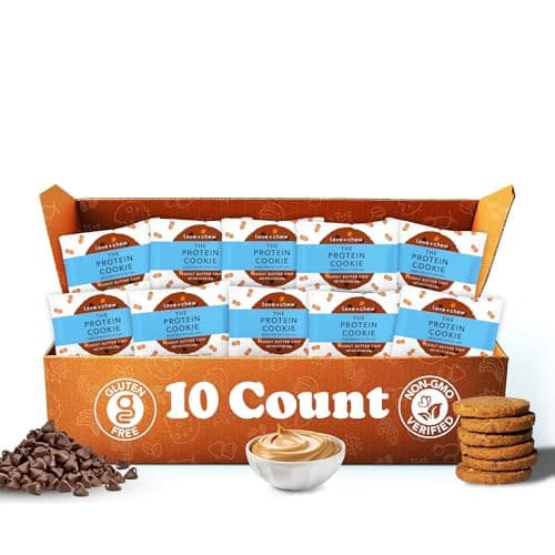 Love + Chew Superfood Soft Baked Protein Cookies, Gluten Free, Vegan, 10g Plant Protein Per Cookie, Healthy Snacks for Adults and Kids, Individually Wrapped Cookies, Peanut Butter Chip, 10 Pack