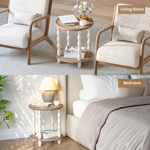 Round End Table, 2-Tier Farmhouse End Table, 18.5'' Handcrafted Weathered Look Wooden Nightstand, Pine Leg, Small Side Tables for Living Room, Small Space, Bedroom, Boho, Easy Assembly, Cream Beige - Thumbnail 5