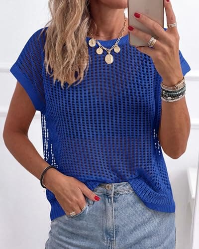 KIRUNDO Crochet Tops for Women 2026 Summer Beach Vacation Clothes Cover Up Mesh Top Lightweight Sweater Cruise Resort Wear(Blue, Large) - Thumbnail 2