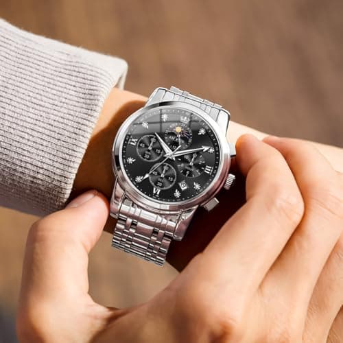 OLEVS Watch Men,Black and Silver Watches for Men,Men's Silver Watch Black Face,Chronograph Moon Phase Mens Wristwatch with Date Luxury,Dress Man Wristwatch,Relojes De Hombre - Thumbnail 2