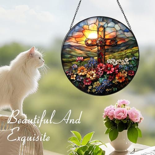 Zizzie Stained Glass Cross Suncatcher - 7.9" Real Glass Floral Mountain Sunrise Window Hanging, Weatherproof Christian Catholic Decor, Easter Memorial Sympathy Gift for Mom Women Pastor - Thumbnail 6