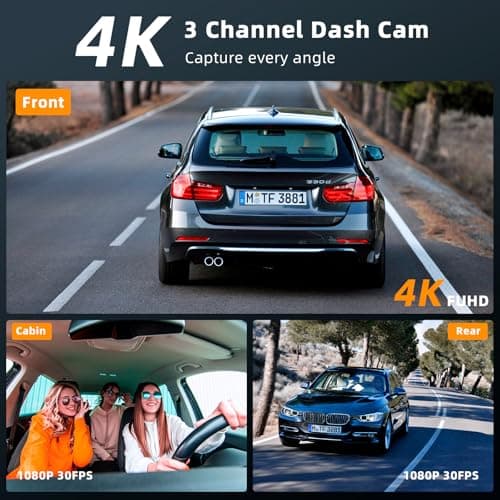 Real 4K 3 Channel Dash Cam Front and Rear Inside, STARVIS 2 HDR Sensor, 5.8GHz Wi-Fi GPS G-Sensor, 4K+1080P+1080P Dash Cam, 64GB Card Included, IR Night Vision, 3.3" IPS Screen, 24Hr Parking Monitor - Thumbnail 2
