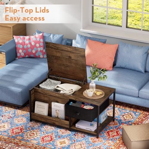 SINPAID Coffee Table with Storage, Rectangular Coffee Tables for Living Room, Farmhouse Coffee Table with Hidden Storage Compartment and Adjustable Shelves, Walnut - Thumbnail 6