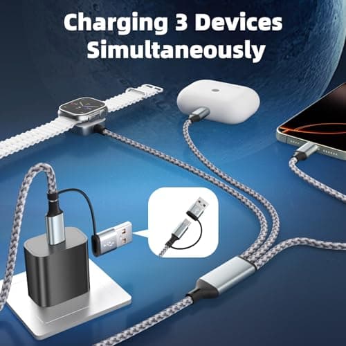 Travel Essentials 3 in 2 Charging Cable for Apple iWatch Charger (2Packs 5FT), UB-A/USB-C Multi Charging Cable/Cord for All Devices Compatible for iWatch Ultra/SE/10-1, iPhone16 15 14, Android, More - Thumbnail 2