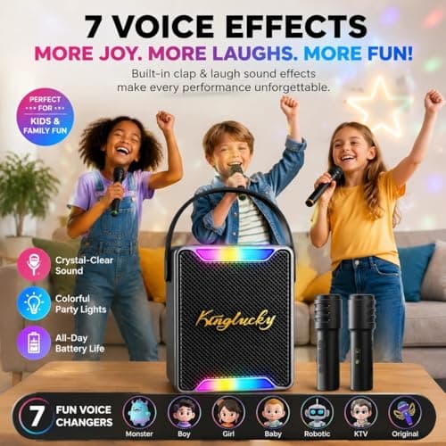 Portable Karaoke Machine for Kids Adults, Singing Machine Karaoke with 2 Wireless Microphones for Home Outdoor, Bluetooth 6.0, Voice Changer LED Lights Party Entertainment, Gift for Women Men Kids - Thumbnail 4