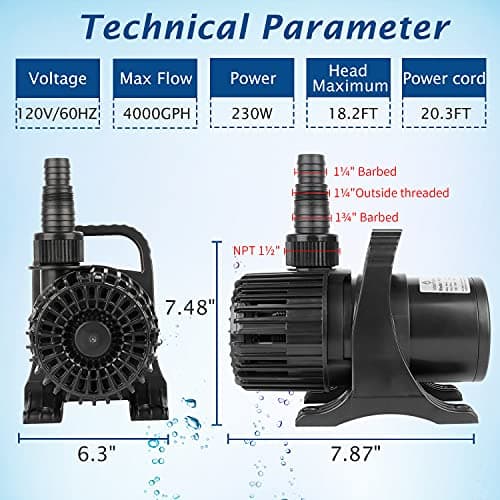WaterRebirth (4000GPH-230W,UL listed) Large Fountain Submersible Water Pond Sump Pump Aquarium Electric Waterfall Pump Outdoor PS- 4000 - Thumbnail 4