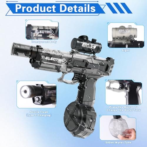 Electric Water Gun for Adults Kids, Automatic Squirt Gun with 26-32 FT Long Range, Powerful Light Up Watergun, Large Capacity Electric Water Blaster, Summer Beach Pool Outdoor Party Toy Gift, Black - Thumbnail 5