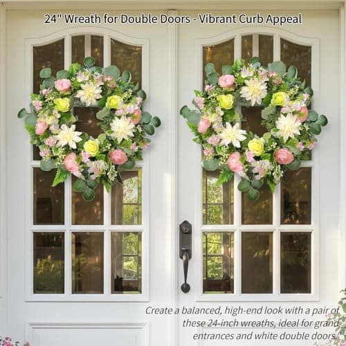 24" Pink and Green Rose Wreath - Artificial Mixed Floral Wreath with White Dahlia & Hydrangea - Spring Summer Welcome Sign for Front Door, Boho Farmhouse Porch Decor - Thumbnail 6