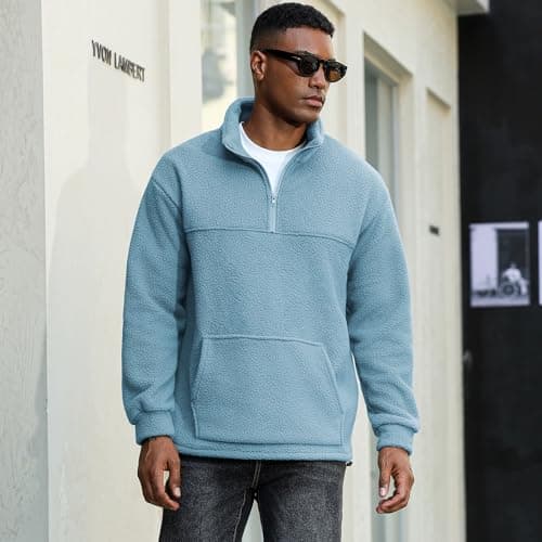ZAFUL Mens 1/4 Zipper Fluffy Polar Fleece Pullover Sweatshirt Printed Kangaroo Pocket Fall Winter Unisex Hoodie Tops Blue 2XL - Thumbnail 3