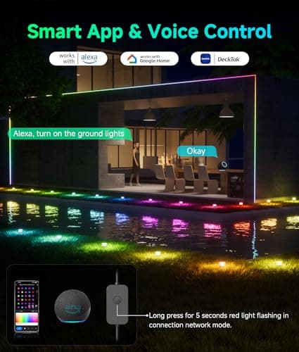 DeckTok Outdoor Ground Lights, 50ft Smart RGBCW LED Pathway Lights Work with Alexa, Google Assistant, 15 Pack IP67 Waterproof Landscape Lighting for Path Yard Lawn Patio Pool Fence and Party Decor - Thumbnail 3