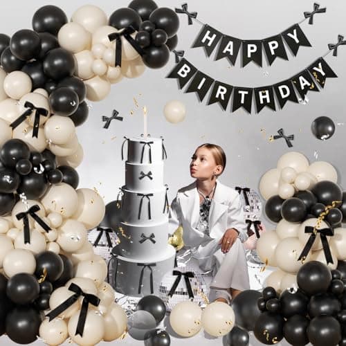 Black and Sand White Balloon Arch Kit 141 Pcs Coquette Birthday Decorations Include Balloons and Black Bow for Wedding Baby Shower Gender Reveal Bow Birthday Decorations - Thumbnail 2