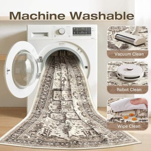 Jessibou Washable 8x10 Area Rug for Living Room - Vintage Distressed Carpet with Non-Slip Backing, Soft Stain Resistant Low Pile Indoor Rug for Bedroom & Dining Room, Kid & Pet Friendly -Dark Brown - Thumbnail 2