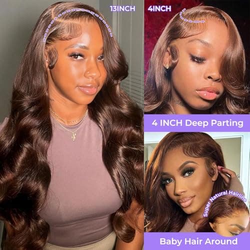 Ilyrion 32Inch Chocolate Brown Human Hair Wig Pre Plucked 12A Brown Wig Human Hair 13X4 HD Transparent Lace Front Wig Human Hair with Baby Hair Body Wave Human Hair Wig Bleached Knot - Thumbnail 3