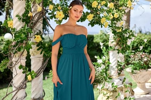 2025 Women's Summer Sleeveless Off Shoulder Floral Flowy A Line Maxi Dresses Peacock Blue L - Thumbnail 4