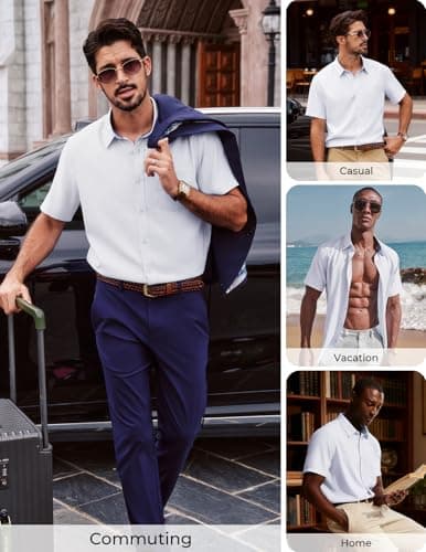 PJ PAUL JONES Untucked Shirts for Men Regular Fit Casual Button Shirt Short Sleeve Dress Shirts White L - Thumbnail 4