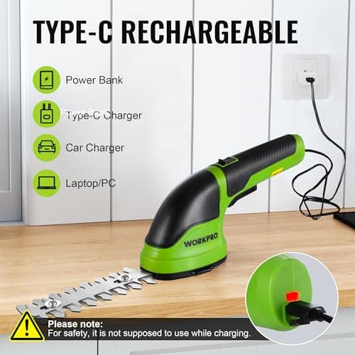 WORKPRO Cordless Grass Shear & Shrubbery Trimmer - 2 in 1 Handheld Hedge Trimmer Electric Grass Trimmer Hedge Shears/Grass Cutter Rechargeable Lithium-Ion Battery and Type-C Cable Included (Green) - Thumbnail 6