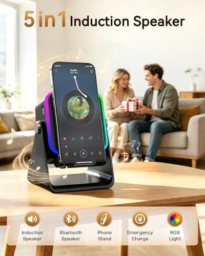 Gifts for Men Tech Gadgets Wireless Induction Speaker with Phone Stand, 5-in-1 Bluetooth Speaker with RGB Light, Adjustable Desk Phone Holder with Emergency Charging for Home Office Kitchen Use - Thumbnail 4