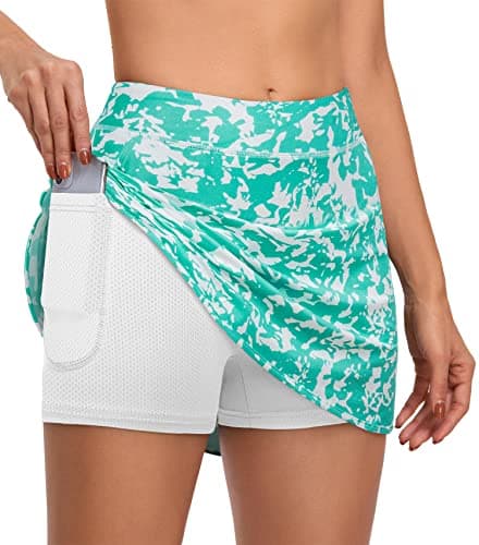 CHICHO Women's Athletic Skirt Tennis Skort with Pockets Golf Skirts Sun Protection Workout Running Sport Skorts (Mint Green White, L) - Thumbnail 3