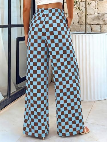 BTFBM Womens Checkered Palazzo Pants Wide Leg High Waisted Pockets Gingham Casual Lounge Pajama Trousers Summer Outfits(Plaid Coffee Blue,Large) - Thumbnail 2