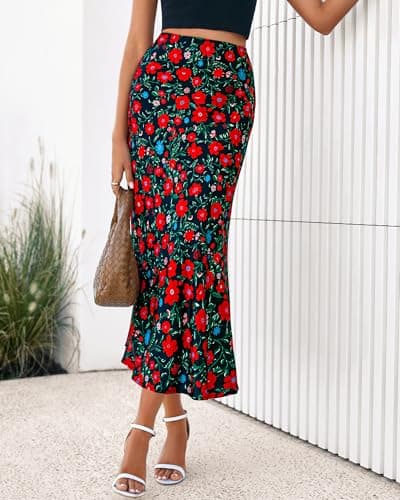 BTFBM Satin Skirts for Women Trendy Summer 2025 High Waisted A-Line Leopard Print Cocktail Wedding Long Silk Midi Skirt(Floral Black Red, Large) - Thumbnail 4