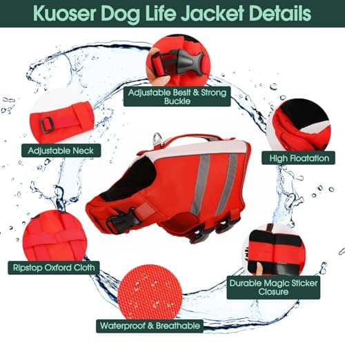 Kuoser Dog Life Jacket, High Flotation Dog Life Vest for Swimming & Boating, Adjustable Dogs Swim Vest with Rescue Handle, XS-XXL Reflective High Visibility Lifejacket for Small Medium Large Dogs - Thumbnail 6