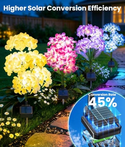 KOOPER Solar Flower Lights, 4 Pack 5-Head Hydrangea with 3X Larger LED Beads, Brighter & Fuller Glow, Solar Lights Outdoor Waterproof, Solar Garden Decor for Yard, Pathway, Patio, Gift for Mom - Thumbnail 3