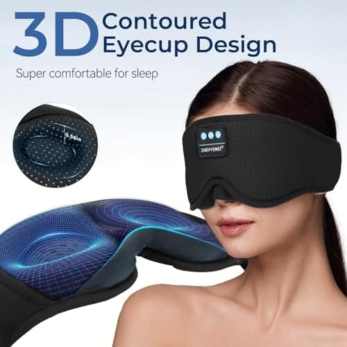 ZHENYEMEI 3D Sleep Mask with Bluetooth Headphones, Breathable Cotton Sleeping Headphones for Side Sleepers, Wireless Music Eye Mask with Timer, Gifts for Men Women, Black - Thumbnail 2