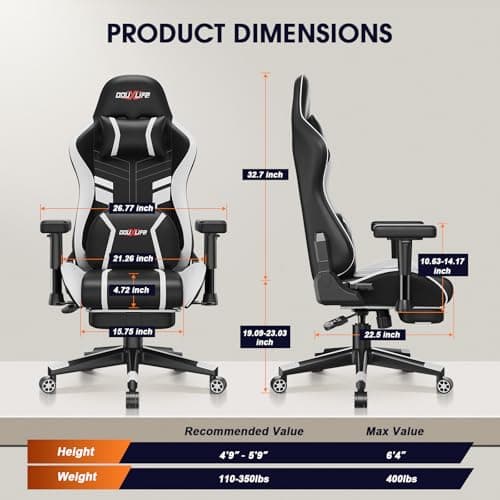Douxlife 3D Kneading Massage Gaming Chair with Footrest, 400lbs Heavy Duty PC Computer Desk Chair for Adults, Adjustable 2D Armrests, Ergonomic 175° Recline & Optional Heat, Black&White - Thumbnail 3