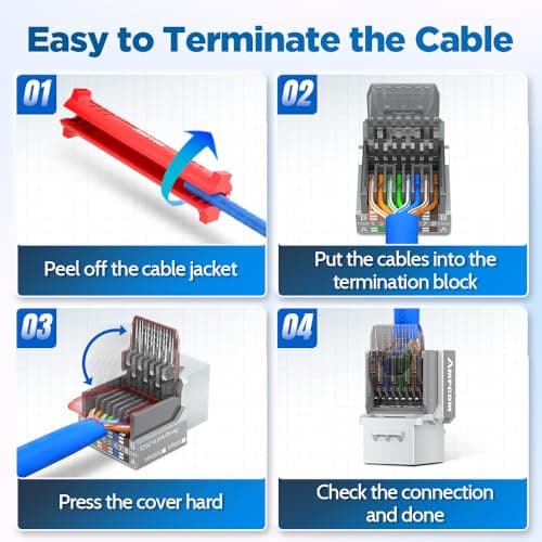 AMPCOM Cat6 RJ45 Keystone Jack Toolless UTP 25-Pack, 90 Degree Punch Down Free, PoE++ 100W, Gray - Thumbnail 6