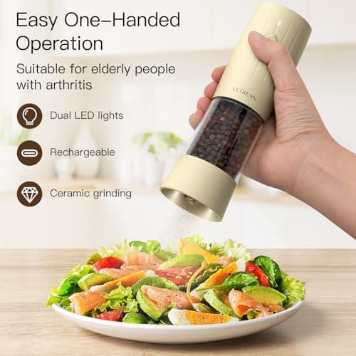 Ultrean Electric Salt and Pepper Grinder Set, USB-C Rechargeable, Salt and Pepper Shakers Spice Mill with 6 Adjustable Coarseness LED Light Larger Capacity, Kitchen Gadget, Gift for Women Mom, Cream - Thumbnail 2