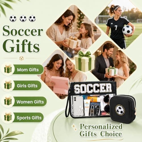 PEVART 2-Piece Soccer Gifts Makeup Snack Bag Chenille Letter Patch | Large Soccer Clear PVC Travel Zipper Pouch Accessories Stuff Waterproof Portable Sport Bag for Boys, Girls - Thumbnail 5