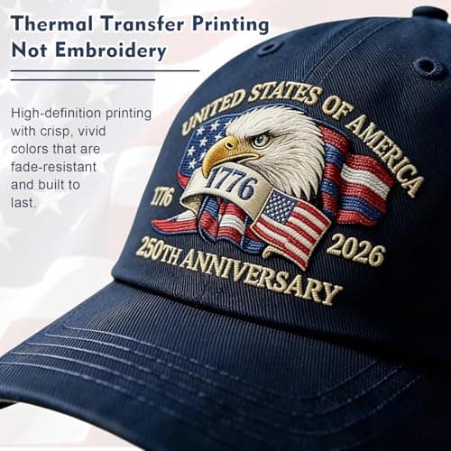Bokauo 250 Anniversary USA Hat for Men Women,Printed Adjustable Baseball Cap,250th Years Gift Merchandise for Husband,Veteran (Navy Blue) - Thumbnail 3