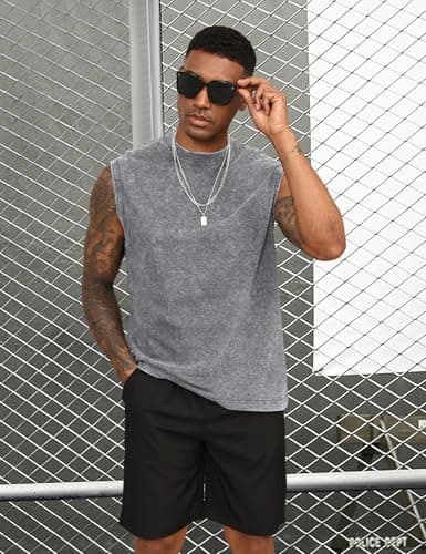 Yimoon Sleeveless Shirts for Men Workout Tank Tops Cotton Acid Wash Muscle Shirts Baggy Gym Tees(BlackGreyBeigeKhaki-XL) - Thumbnail 3