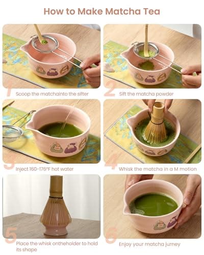 Matcha Whisk Tea Set Kit Japanese Matcha Kit - Matcha Bowl, Matcha Whisk and Holder, Bamboo Scoop, Scoop Rest, Sifter and Tea Towel - for Tea Ceremony Breakfast Lattes - Home Kitchen Christmas(Pink) - Thumbnail 3