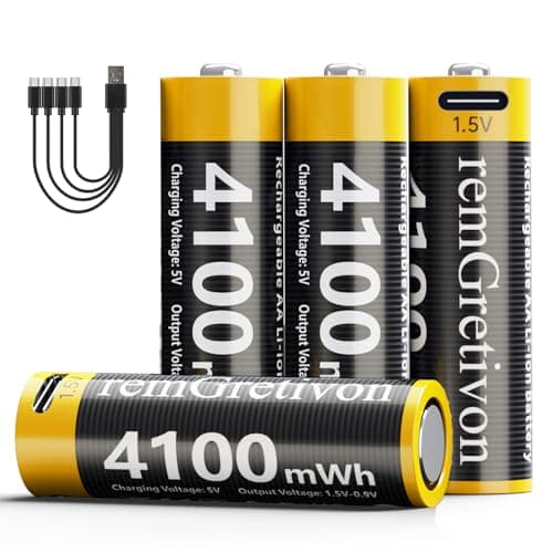 remGretivon USB C Rechargeable AA Batteries 4 Pack, 4100mWh 1.5V Constant Output Lithium Ion Battery, 2.5H Fast Charging Double A Rechargeable Batteries with 4-in-1 Cable, 1500 Cycles